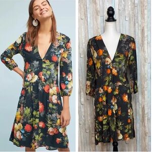 H8 Anthropologie The Odells Floral Deep V Neck‎ Tunic Swing Dress Dropwaist Boho
